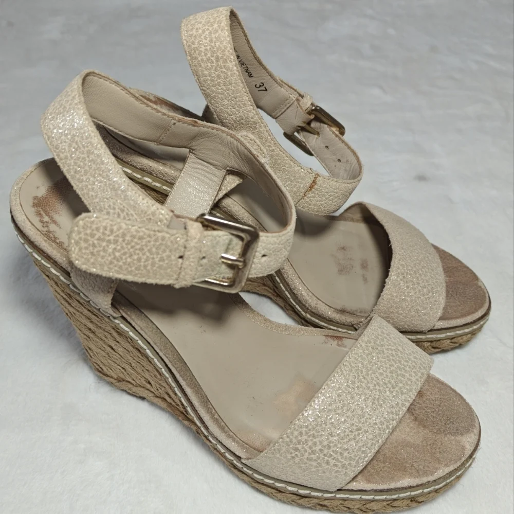 Minelli Italy‎ Women's Sz 37 Suede Glitter Sparkle Leather Platform Wedge Heels
